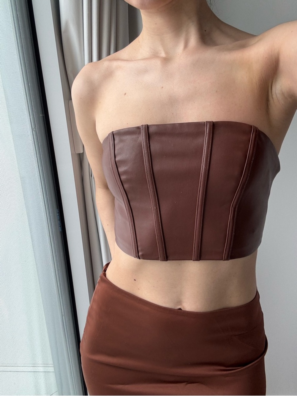 Princess Polly Strapless Faux Leather Corset Top - Chocolate Brown